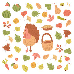 Thanksgiving set with turkey, autumn leaves and vegetables. Color clipart vector illustration.