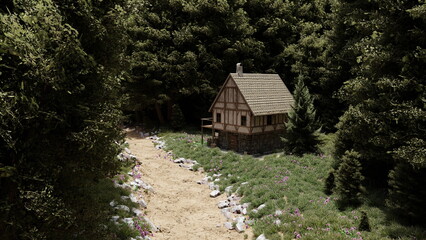 Fototapeta na wymiar Lonely medieval house in woods near trail surrounded by trees, pine and fir, landscape. 3d render