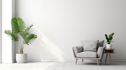 a grey colored armchair in a white walls living room and plants,mock up,copy space