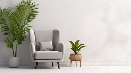 a grey colored armchair in a white walls living room and plants,mock up,copy space