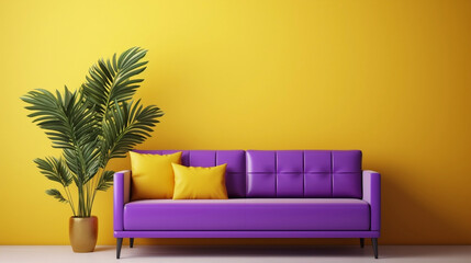  Purple colored couch in a yellow living room and plants,mock up,copy space