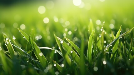 Fototapeta premium In bright summer spring morning sunlight, grass blades are close-up with dew drops. Beautiful wide format natural background macro image.