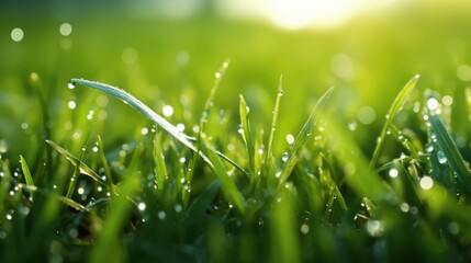 Fototapeta premium In bright summer spring morning sunlight, grass blades are close-up with dew drops. Beautiful wide format natural background macro image.