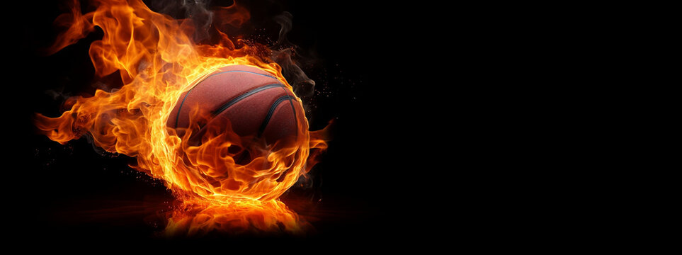backetball ball on fire at the black background banner