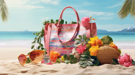 Beach bag with accessories and tropical beach in the background, summer vacations concept.