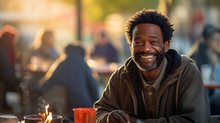 Happy homeless African man age of 40 sits at a table in a social centre outside with meal - obrazy, fototapety, plakaty