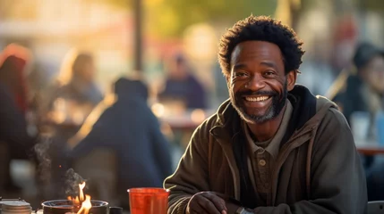 Foto op Aluminium Happy homeless African man age of 40 sits at a table in a social centre outside with meal © JuLady_studio