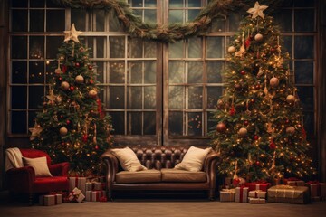 Cristmas backdrop with xmas tree, gifts and lights