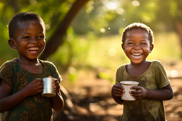 Happy kids in Africa close-up with mug of water - obrazy, fototapety, plakaty