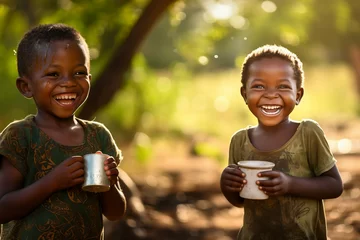 Foto op Plexiglas Happy kids in Africa close-up with mug of water © JuLady_studio