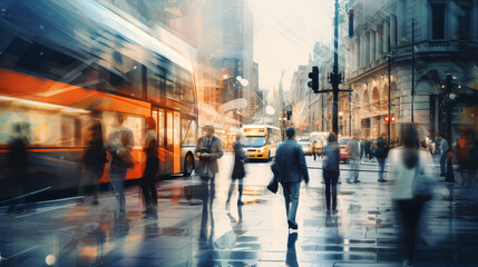 Motion blur of people commuting in busy street.  