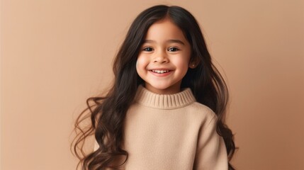 Portrait of a cheerful young girl with brown hair, dressed in neutral colors, smiling warmly against a beige studio background. Generative AI