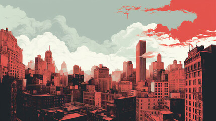 Ciudad de Nueva York, dibujada en tinta, duotono, blanco y rojo.