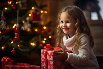 Fototapeta na wymiar Happy smiling girl with christmas gift at xmas lights background
