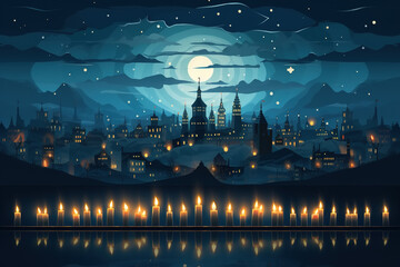 Hanukkah concept flat illustration. Burning candles Menorah and night city