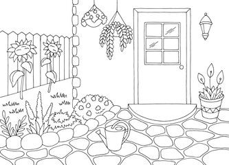 Garden in the courtyard of the house graphic black white sketch illustration vector 