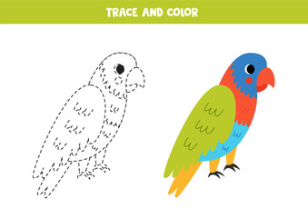 Trace and color cute cartoon rainbow lorikeet. Worksheet for kids.
