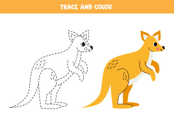 Trace and color cute cartoon kangaroo. Worksheet for kids.