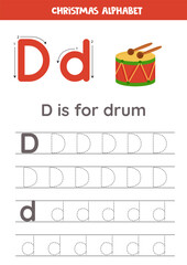 Christmas alphabet writing for preschool kids. Letter d is for drum.