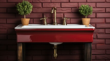 A red sink with two potted plants on it, AI