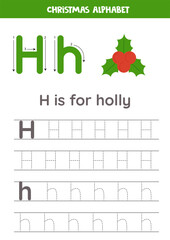 Christmas alphabet writing for preschool kids. Letter H is for holly.