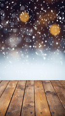 Naklejka na ściany i meble Empty wooden table and blurred background with bokeh and snow. Tall winter backdrop to use for invitation, social media banner, cards or show product.