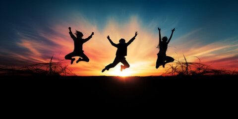 Fototapeta na wymiar Silhouette happy friends jump on sunset sky at to three friends jumping over the sky at sunset Joy moment Stock Photos, Royalty Free Joy moment Ai Generative