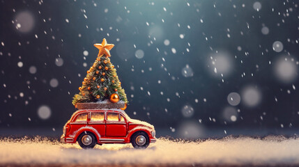 Red miniature toy car with a Christmas tree on the roof. Wintry and snowy landscape. Christmas and holiday concept. Blurred bokeh background. AI generative illustration.