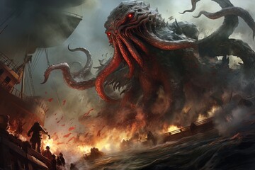 A monstrous Kraken attacks a ship. Great for stories on mythology, sci-fi, adventure, maritime lore, fantasy and more. 