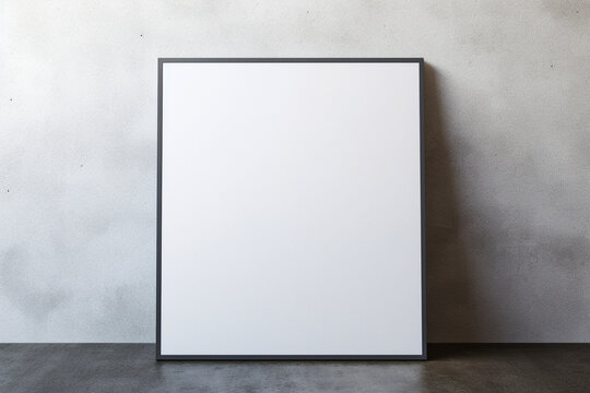 Empty plastered concrete grungy wall  with a blank mockup photo frame. Front view of white poster. Interior and studio concept. AI generative illustration.
