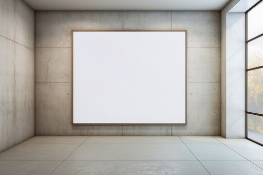 Empty room, with window and plastered concrete grungy wall and floor. Blank mockup photo frame. Front view of white poster. Interior and studio concept. AI generative illustration.