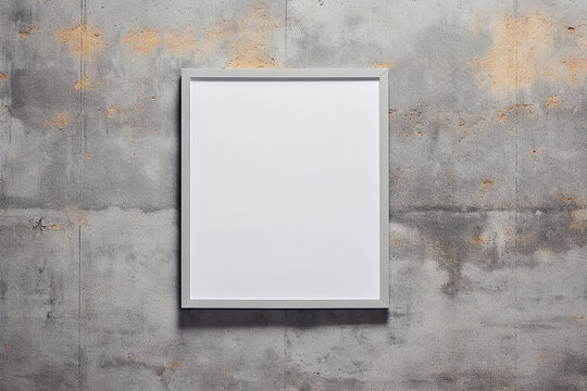 Empty plastered concrete grungy wall  with a blank mockup photo frame. Front view of white poster. Interior and studio concept. AI generative illustration.