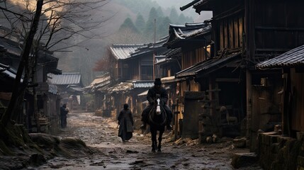 A samurai stands in the alley of an old house in the Kicho Valley at night.Generated with AI