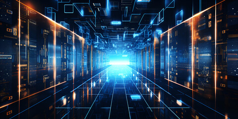 Abstract Blue Luminous Server racks in computer network security server room data center digital transmission channel abstrac with blue light on background  Ai Generative