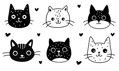 A set of cute vector illustrations. Cute faces of kittens in black and white colors in linear style. Simple children's illustrations. Vector illustration