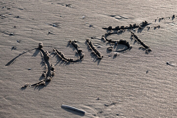 “Juist“, name of a popular East Frisian island in the national park “Wattenmeer“ hand written into the fine wet sand of the North Sea beach at low tide. Greetings from holidays in German with low sun.