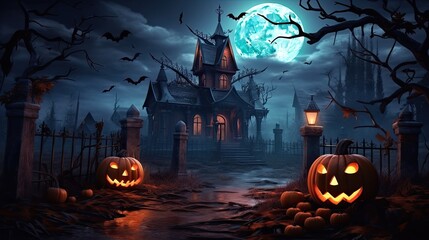 Fototapeta premium Halloween in the forest at night. Creepy landscape and a big castle on the background. Generative AI