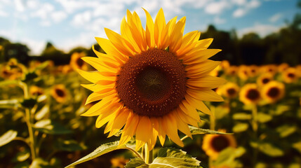 Fototapeta premium ひまわり畑の向日葵のクローズアップ風景「AI生成画像」