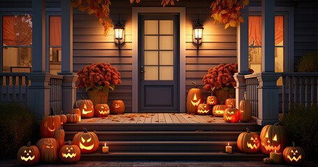 Obraz premium Jack-o-lantern Halloween pumpkin on the porch. Festive home decorations. Generative AI
