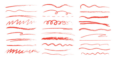 Red crayon or charcoal underlines. Doodle lines with grunge pastel pencil texture. Hand drawn chalk scribbles or rough strokes. Sketchy brushes bar line - obrazy, fototapety, plakaty