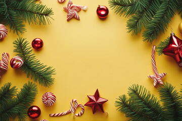 Obraz na płótnie Canvas Christmas fir tree branches seasonal ornament candy canes stars creative flat lay