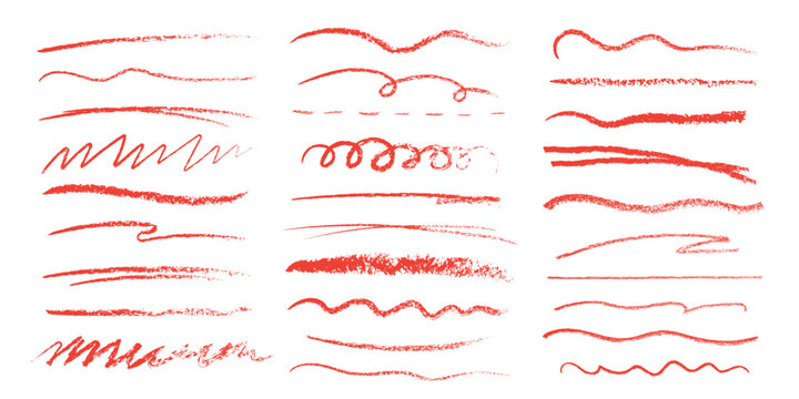 Red crayon or charcoal underlines. Doodle lines with grunge pastel pencil texture. Hand drawn chalk scribbles or rough strokes. Sketchy brushes bar line