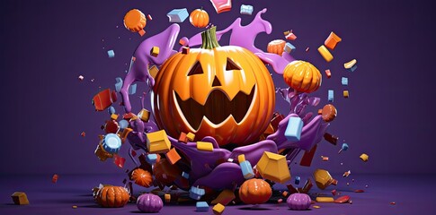 Fototapeta premium Halloween pumpkin on purple background. Seasonal party. Generative AI