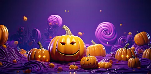 Halloween pumpkins on purple background. Seasonal party. Generative AI