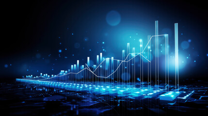 A business candlestick banner  graph chart of stock market investment trading on blue digital background, bullish point ,upward trend, financial analytics concept of monochrome graph diagram like sky