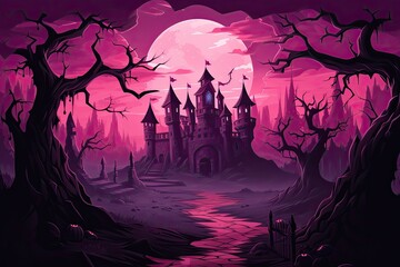 Halloween in the forest at sunset. Creepy landscape and a big castle on the background. Generative AI