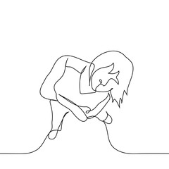 woman stands at full height with crossed arms and looks up - one line art vector. concept of someone small but confident