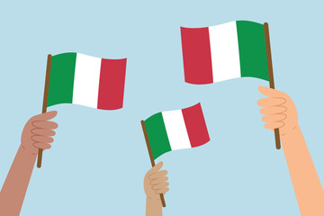 Diverse people hands raising flags of Italy. Vector illustration of Italian flags in flat style on blue background.