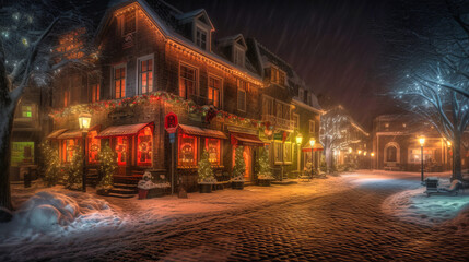 Fototapeta na wymiar Snow envelops an atmospheric Christmas town under the soft glow of street lamps. Generative AI