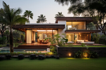 Garden With Trees And House, Modern Indian House, Modern Indian House Design, Modern Indian House Exterior